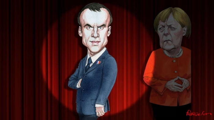 Illustration of Macron and Merkel on stage at a stand up night